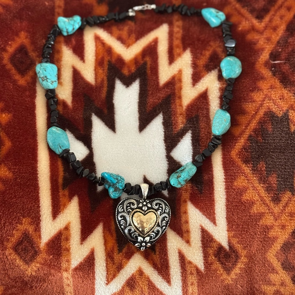 Turquoise and Black Heart Pendant Necklace